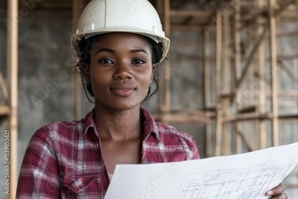 Obraz Female Engineer Reviewing Blueprint at Construction Site