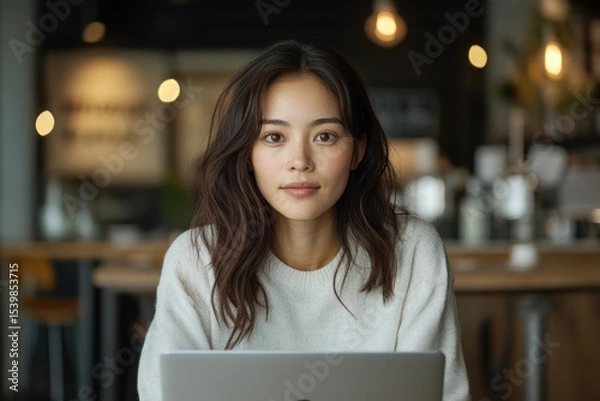 Obraz Female Entrepreneur Analyzing Business Strategies on Laptop in Café