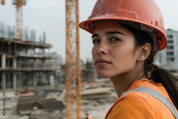 Obraz Female Construction Worker Operating Crane at Busy Construction Site