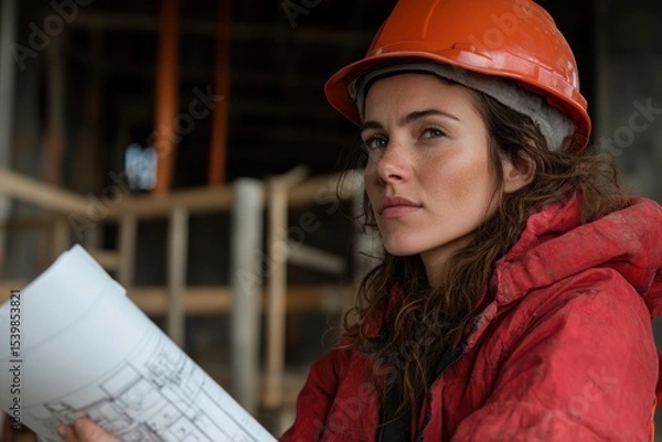 Obraz Woman Engineer Holding Blueprint on Active Construction Site