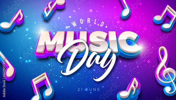Fototapeta World Music Day Banner Illustration with 3d Musical Notes and Typography Letter on Fluorescent Background. Vector International June 21 Festival Design Template for Web Banner, Post Card, Greeting