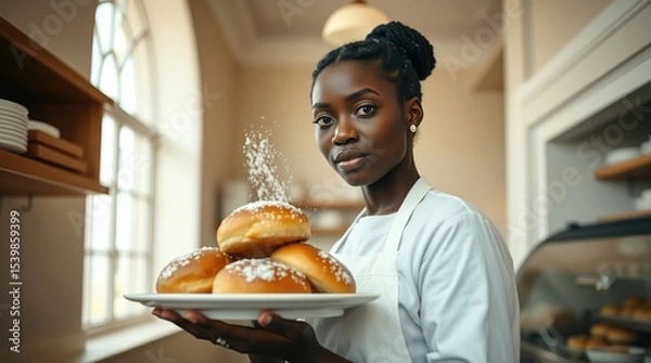 Fototapeta black-skinned woman wearing a white apron, holds a plate of light, airy buns working in a bakery