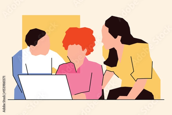 Fototapeta A woman is working together to complete their assignment with a vector design laptop