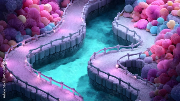 Fototapeta A fantastical stone pathway winds through vibrant, colorful coral-like formations along a glowing turquoise waterway in a surreal underwater landscape.