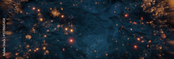 Fototapeta Abstract blue background with empty focus surrounded flying glow particles. Selective Focus. 3D Rendering