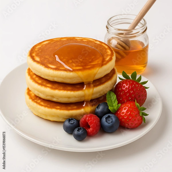 Fototapeta Pancakes with honey and berries on white background