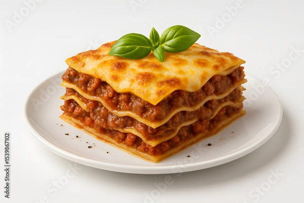 Fototapeta Cheesy lasagna slice on white background
