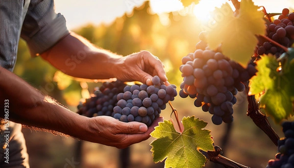 Fototapeta Manos de un agricultor vendimiando en el campo con un racimo de uvas maduras en un viñedo con luz de atardecer durante la vendimia
