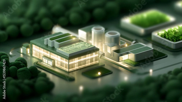Fototapeta A futuristic green energy facility with solar panels and greenery integration, surrounded by trees, highlighting sustainable architecture and innovation.