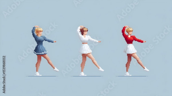 Fototapeta Three pixel art cheerleaders wearing different colored sweaters and white skirts perform a synchronized pose against a plain background.