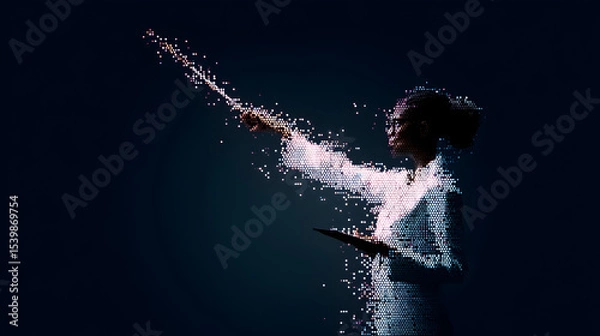Fototapeta A digital female figure in lab coat interacts with a tablet, dissolving into particles, symbolizing technology and innovation in science and data.