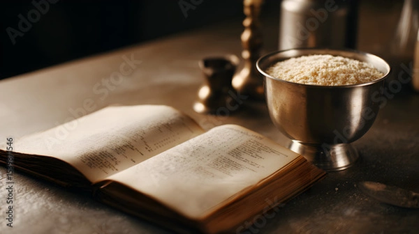 Fototapeta An open ancient book lies on a table beside a metal bowl filled with grains, evoking a historical or ritualistic atmosphere.