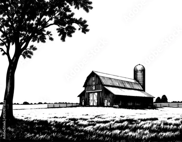 Fototapeta Barn and Silo in a Field in woodcut Style in Black and White