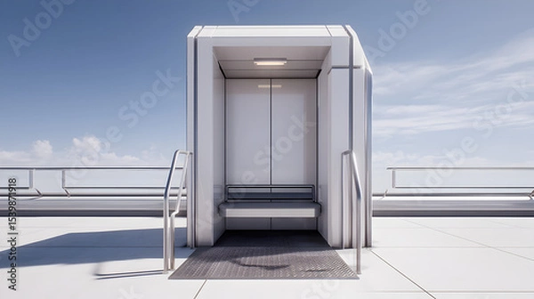 Fototapeta A sleek, modern elevator cabin stands isolated on a rooftop with a clear sky background, highlighting minimalist architectural design.