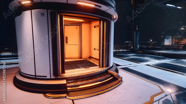 Fototapeta A futuristic, cylindrical chamber with an illuminated interior stands on a sleek, metallic platform under a starry sky.