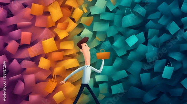 Fototapeta A man stands between two multicolored walls of shopping bags, representing a choice or dilemma in retail or consumer decisions.