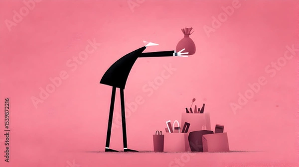 Fototapeta A minimalist illustration of a tall figure handing over a bag of money with shopping bags full of items on the ground, set against a pink background.