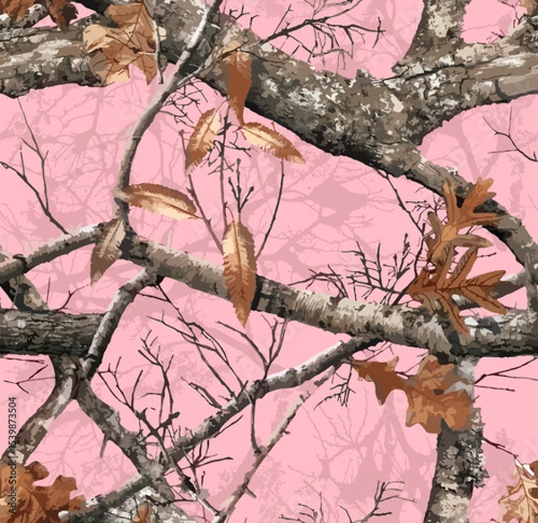 Fototapeta Realistic forest camouflage. Seamless pattern. Conifer tree, branches and leaves. Useable for hunting and military purposes.