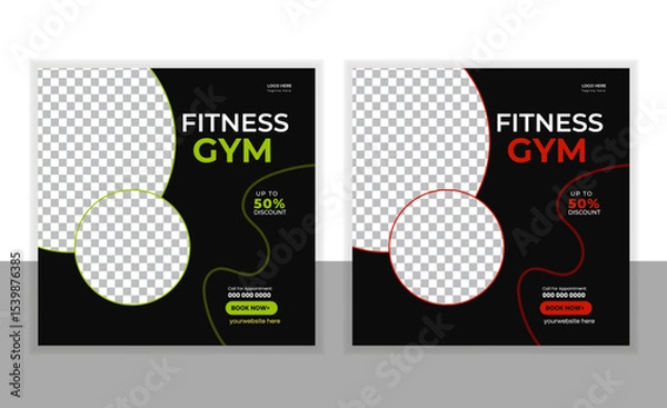 Obraz Gym Fitness social media post design template. Suitable for social media, flyers, banner, and web internet.Gym and fitness square banner social media post template