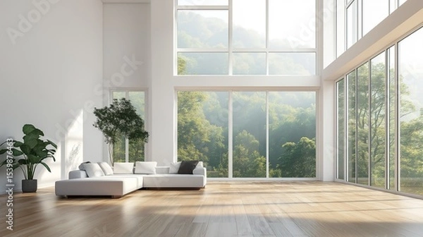 Obraz Minimalist living room with white walls and wooden floor, bathed in soft natural light. Serene simplicity in a spacious modern interior.