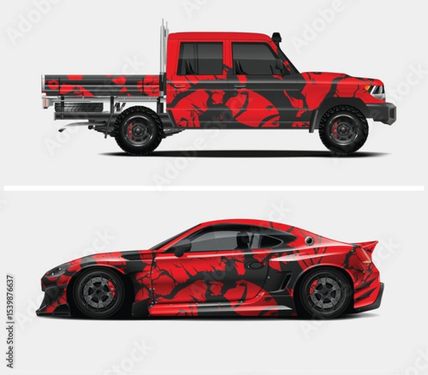Fototapeta Red and Black Abstract Design on Pickup Truck and Sports Car
