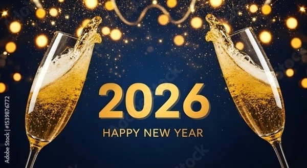 Fototapeta Happy New Year 2026 Champagne Toast | Golden Numbers and Sparkling Glasses for Holiday Celebrations and Event Marketing