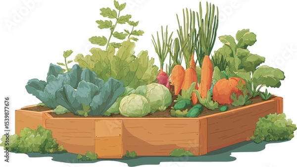 Fototapeta A digital illustration depicting a variety of vegetables growing in a wooden raised garden bed. The vegetables include carrots, cabbage, spinach, and various herbs. 