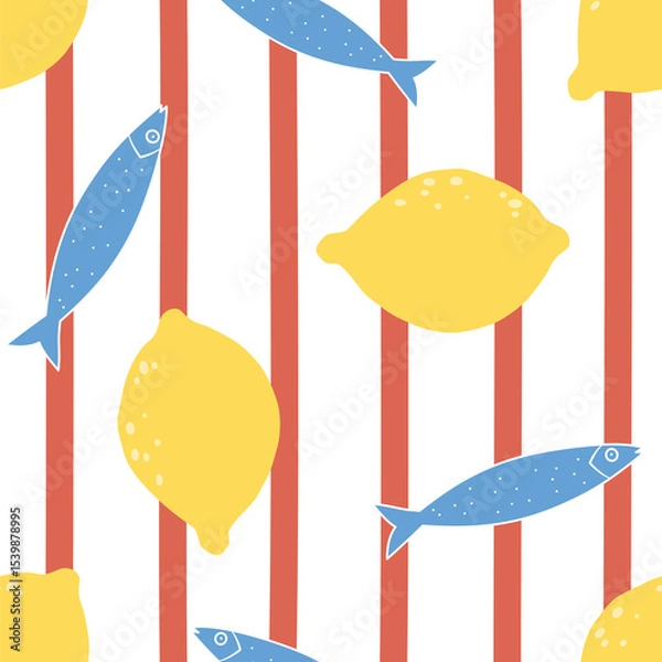 Fototapeta cute hand drawn striped summertime seamless vector pattern background illustration with blue sardine and yellow lemons