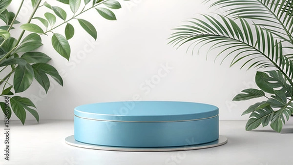 Fototapeta 3D play blue round podium background. Minimalist mockup pedestal. Abstract stand product display presentation, Stage for showcase.