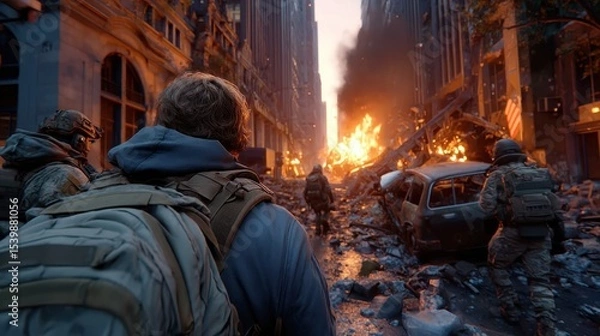 Fototapeta Destruction and chaos unfold in a cityscape after a significant disaster at dusk