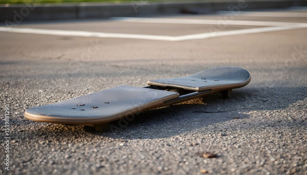 Fototapeta Broken skateboard lying on a concrete surface in a sunny outdoor setting