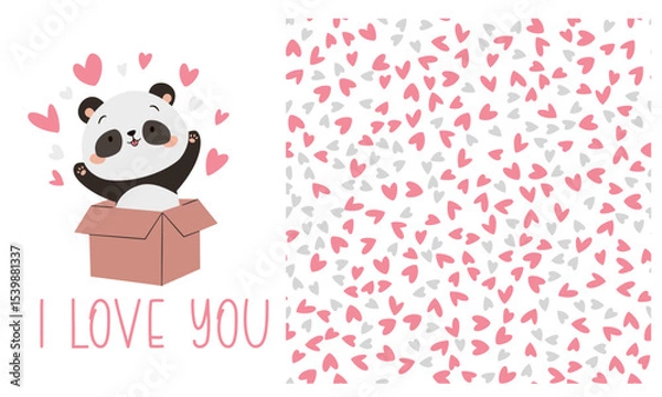 Obraz Vector set of prints to print on children's products for Valentine's Day. Cute panda jumping out of a box with hearts, inscription I love you. Seamless vector pattern with hearts. Vector illustration