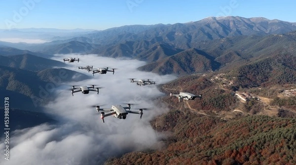 Fototapeta Drones flying over mountainous landscape during clear daytime with fog drifting below and trees showing autumn colors