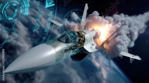 Fototapeta High-tech fighter jet launches missile amid fiery explosion in a dramatic aerial display during a military exercise