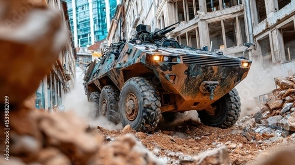 Fototapeta Military vehicle navigating through urban rubble in a post-conflict cityscape during daylight hours