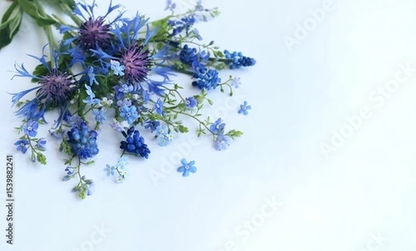Fototapeta Summer blue bouquet with cornflowers bouquet with roses in lilac tones.  A flower arrangement with a place for text.
