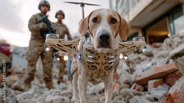 Fototapeta Robot dog assists rescue team in disaster recovery scene among rubble and debris