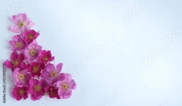 Fototapeta Pink rosehip flowers on a white background. A flower arrangement with a place for text.