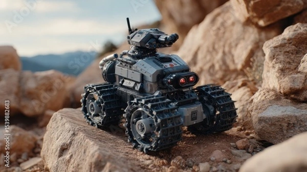 Fototapeta Remote-controlled robot exploring rocky terrain in a mountainous landscape during golden hour light