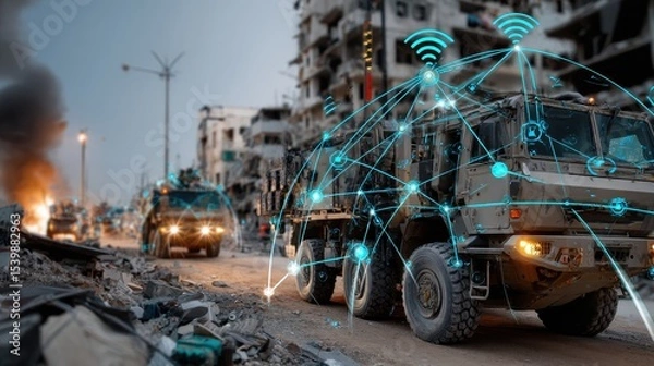 Fototapeta Military vehicles equipped with advanced communications technology navigate through a war-torn urban landscape at dusk