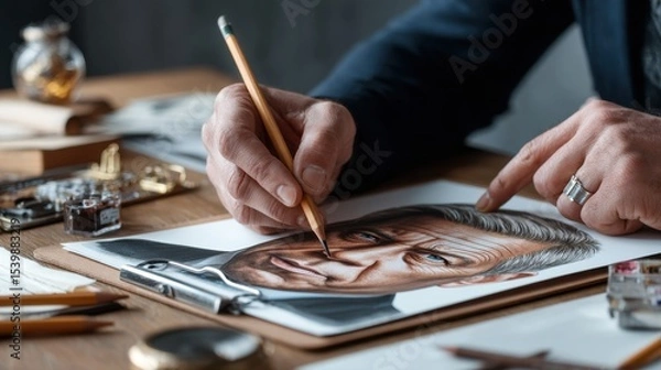 Fototapeta Expert artist creates detailed pencil portrait of a distinguished man in a well-appointed studio