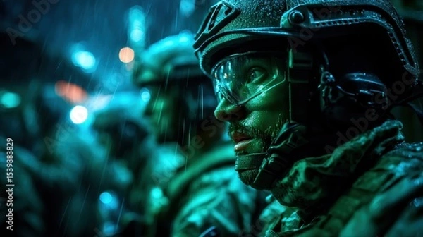 Fototapeta Soldiers in rain gear display determination during a nighttime urban operation in a bustling city environment