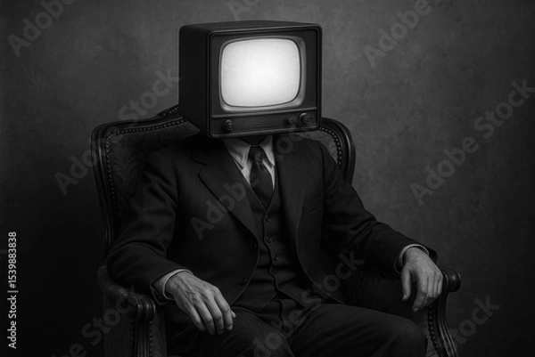 Fototapeta Monochrome, surreal: A man in a formal suit sits in an armchair, his head replaced by a glowing vintage television. Conceptual, thought-provoking art.