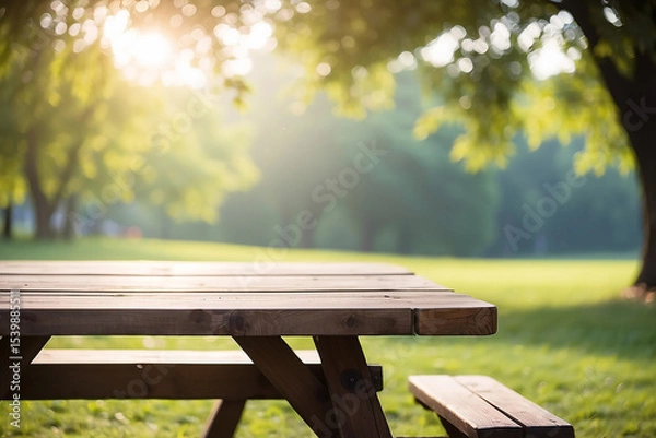 Fototapeta Rustic wooden picnic table in a sunny park with blurred lush green background