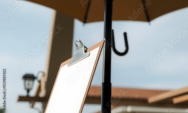 Fototapeta Blank clipboard under an umbrella in an outdoor setting
