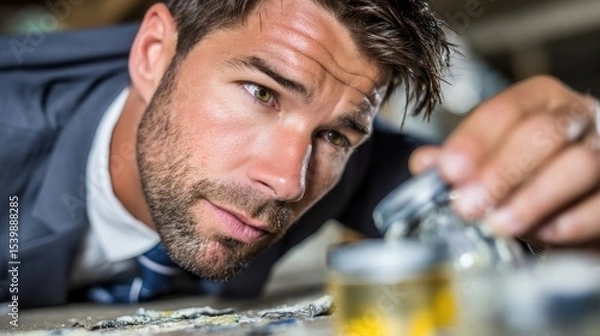 Fototapeta Man in business suit examines small jar on floor in abandoned warehouse during daylight hours