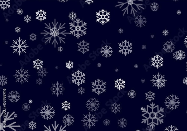 Fototapeta Delicate snowflakes of various designs float against a deep blue backdrop, creating a captivating winter illustration. This artwork evokes the serene beauty of a snowy day