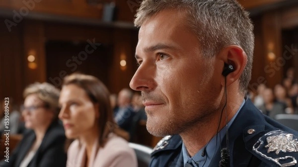 Fototapeta Attention in the courtroom as key figures listen intently during a high-profile trial event