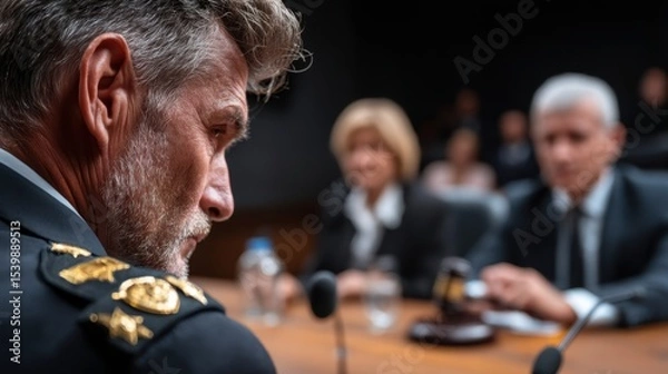 Fototapeta Military official engaged in serious discussion during high-stakes hearing in a formal setting