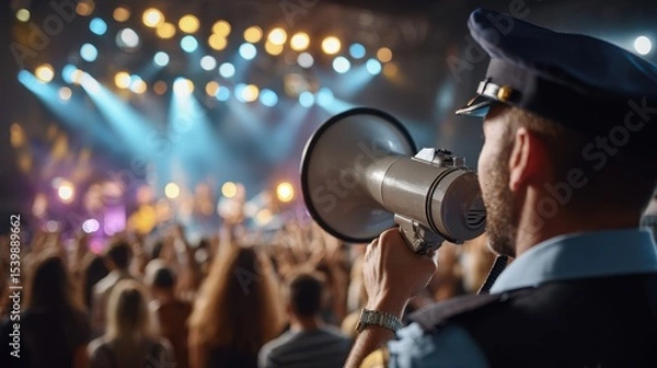 Fototapeta Security officer manages crowd during live music concert at nighttime event